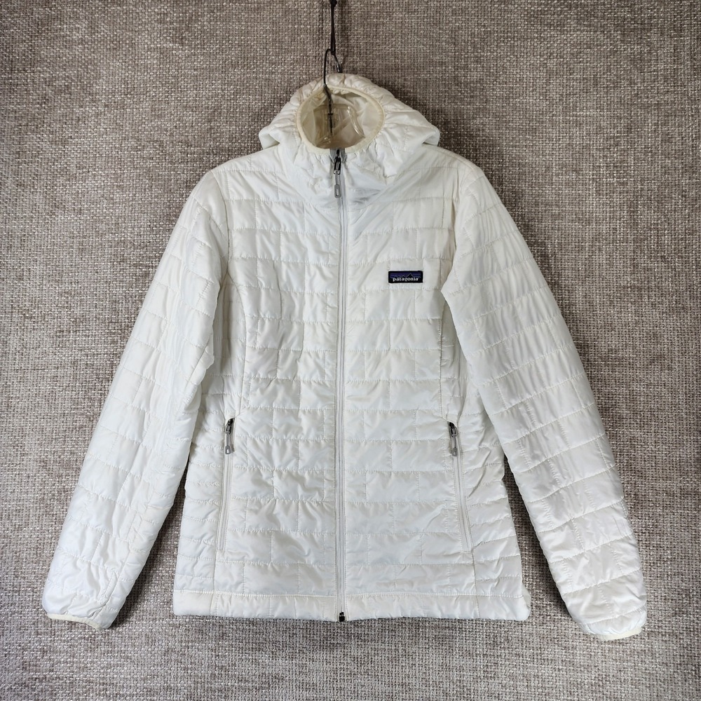Patagonia Nano Puff Hooded Puffer Jacket Womens M Birch White PrimaLoft Zip